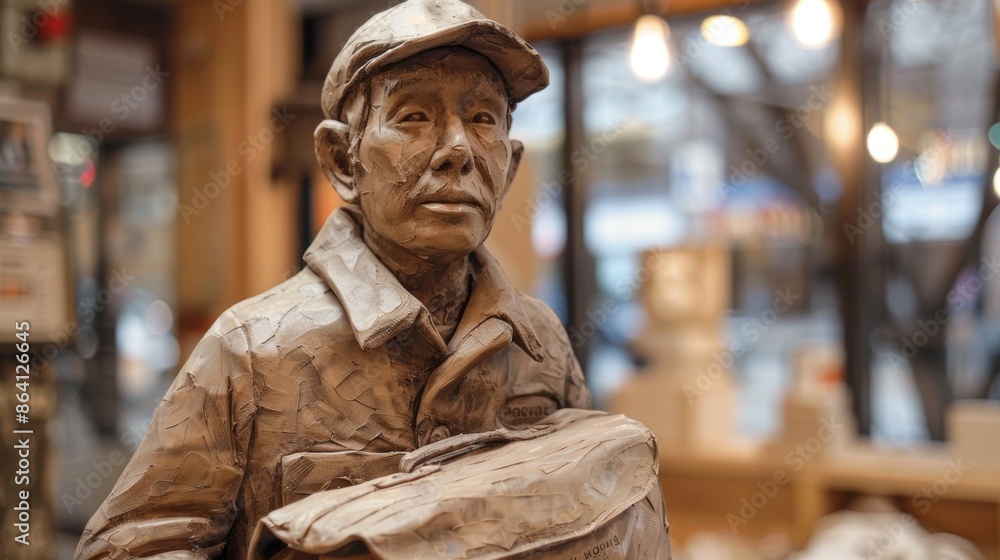 Clay sculpture of a postal worker in a storefront Clay sculpture of a postal worker in a storefront