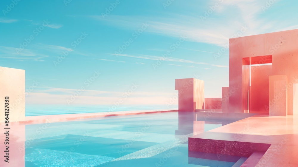 Modern, minimalist building with a pool overlooking a sunny ocean with a blue sky and wispy clouds Modern, minimalist building with a pool overlooking a sunny ocean with a blue sky and wispy clouds