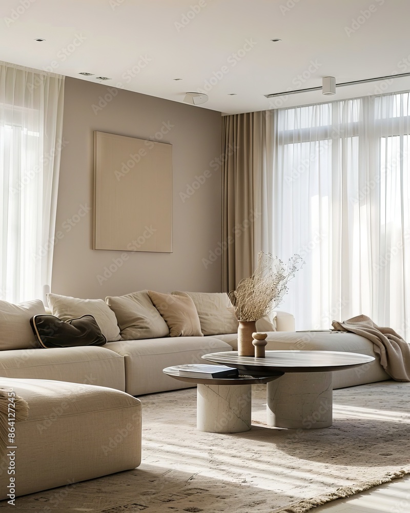 Fototapeta premium A living room with beige furniture and white curtains.