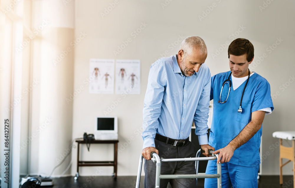 Physiotherapist, senior person and walking frame with help, balance or guide for steps in hospital. Doctor, elderly patient and men with mobility aid for recovery, rehabilitation or support at clinic Physiotherapist, senior person and walking frame with help, balance or guide for steps in hospital. Doctor, elderly patient and men with mobility aid for recovery, rehabilitation or support at clinic