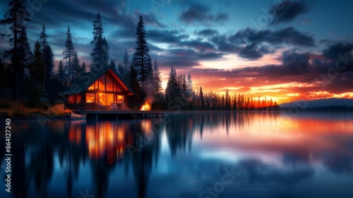 Tranquil lakeside cabin at sunset, reflecting serene colors of the sky and forest in the water, embodying peacefulness and natural beauty.