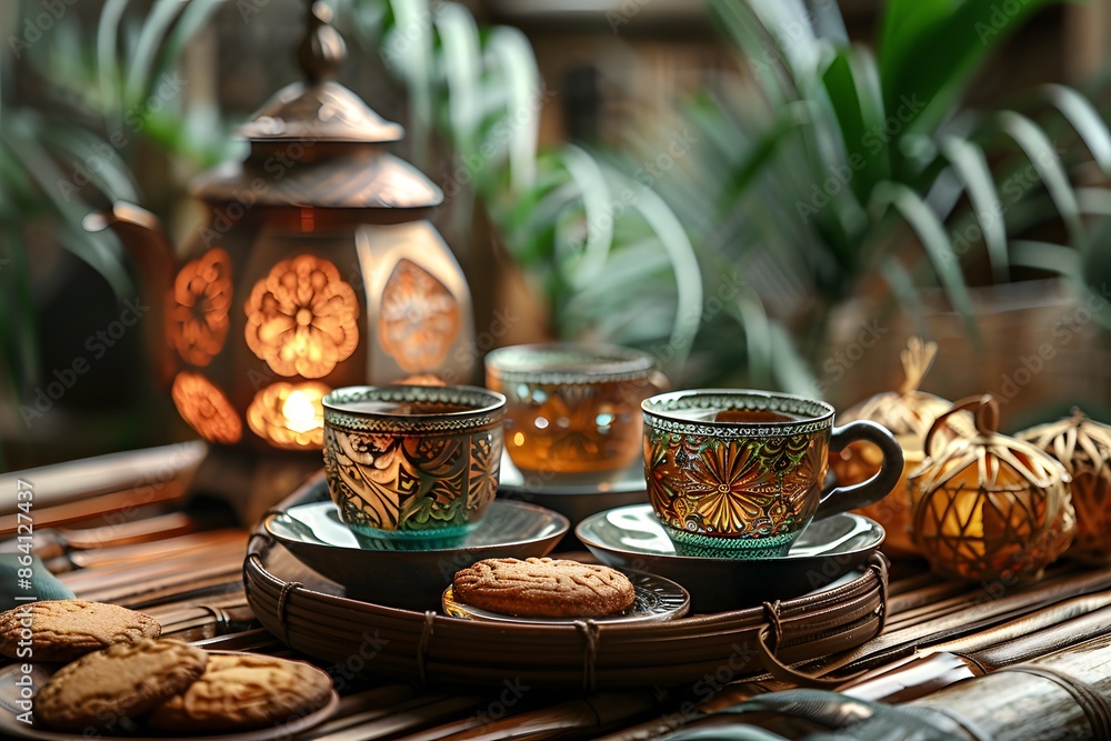 Cozy Tea Time with Intricately Designed Cups and Lanterns Cozy Tea Time with Intricately Designed Cups and Lanterns