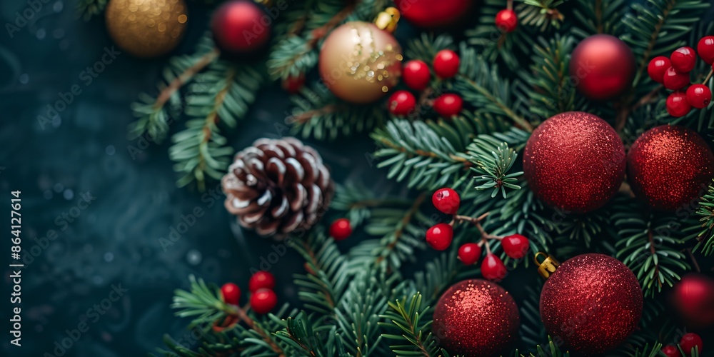 A Christmas tree with red and gold ornaments. The tree is surrounded by pine cones and berries A Christmas tree with red and gold ornaments. The tree is surrounded by pine cones and berries