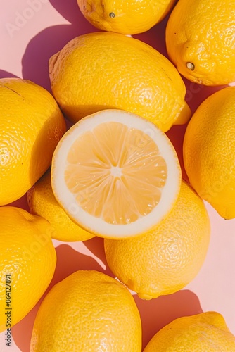 A bunch of lemons on a pink background.