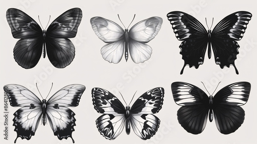 Set of elegant black and white butterfly graphics, isolated and transparent