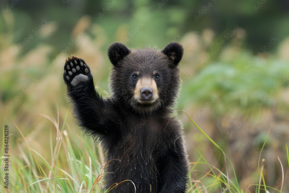 Fototapeta premium Adorable Bear Cub Waving in the Wild