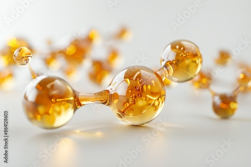 A close up of a bunch of glass spheres with a yellowish tint. The spheres are arranged in a way that they resemble a molecule. Concept of scientific curiosity and wonder