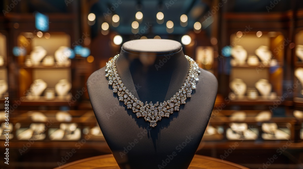 Luxury diamond necklace on display in a jewelry store Luxury diamond necklace on display in a jewelry store