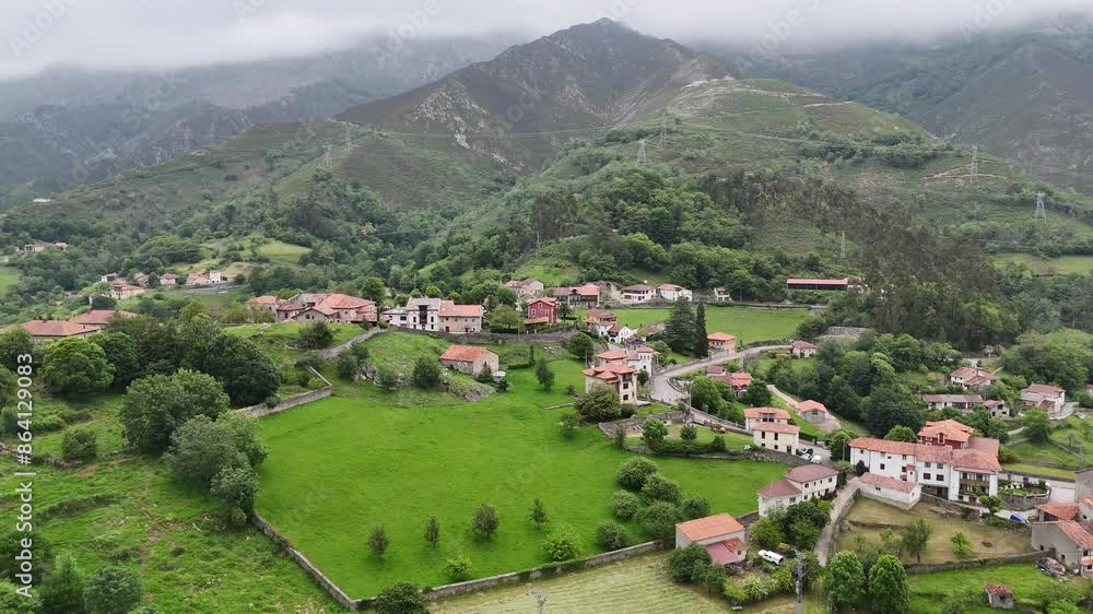 Panning drone aerial Alles village Asturias, Spain Picos de Europa, drone,aerial Panning drone aerial Alles village Asturias, Spain Picos de Europa, drone,aerial
