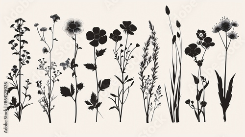 Set of nature-themed floral elements, black silhouettes on white background