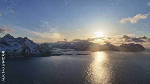 Aerial view of Lofoten Islands beautiful landscape during winter