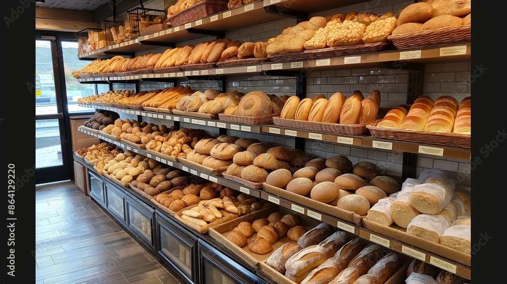 A Variety of Fresh Bread Loaves on Bakery Display Shelves A Variety of Fresh Bread Loaves on Bakery Display Shelves