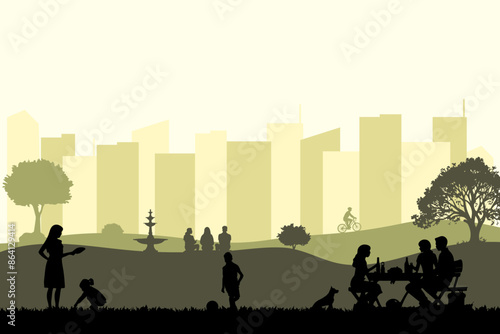 View of family holiday in the park with city buildings background