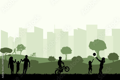 View of a people activities in the park with a view of city buildings. Vector illustration design template