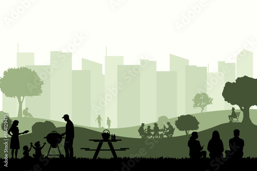 View of a family picnic in the park with a view of city buildings. Vector illustration design template