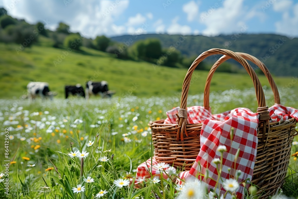 Serene Picnic in a Flower-Filled Meadow with Grazing Cows Serene Picnic in a Flower-Filled Meadow with Grazing Cows