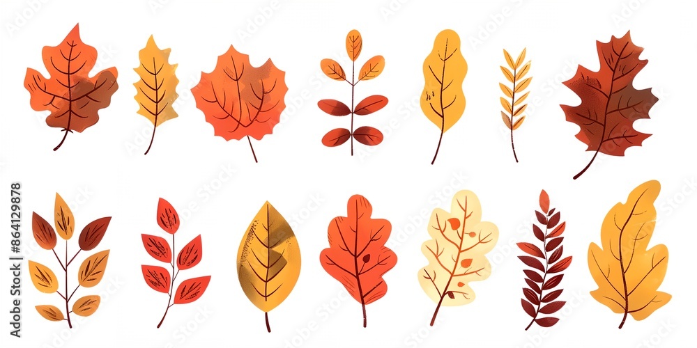 A collection of autumn leaves in various shapes and sizes. The leaves are all different colors, including red, orange, and yellow. Concept of warmth and nostalgia A collection of autumn leaves in various shapes and sizes. The leaves are all different colors, including red, orange, and yellow. Concept of warmth and nostalgia