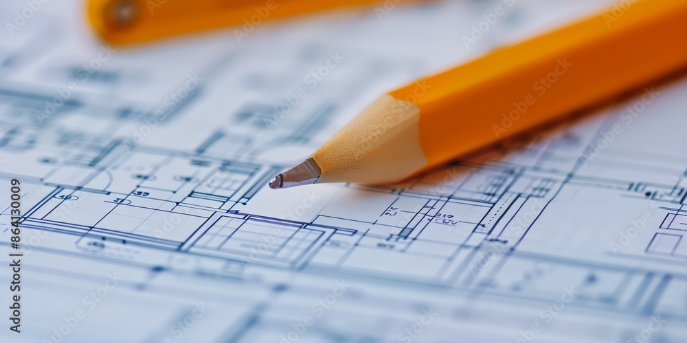 A pencil is on top of a blue piece of paper with a drawing of a house. The pencil is yellow and has a sharp point A pencil is on top of a blue piece of paper with a drawing of a house. The pencil is yellow and has a sharp point
