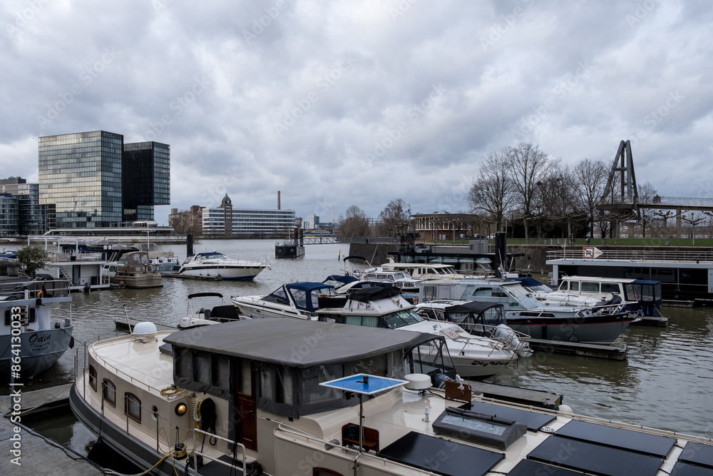 View of Dusseldorf-Hafen, an urban quarter of Dusseldorf, Germany, located on the River Rhine and location of the city's docks, Dusseldorf, North Rhine Westphalia, Germany, Europe View of Dusseldorf-Hafen, an urban quarter of Dusseldorf, Germany, located on the River Rhine and location of the city's docks, Dusseldorf, North Rhine Westphalia, Germany, Europe