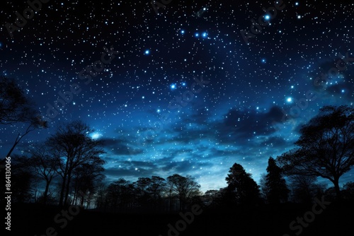 Sky full of stars and tree silhouettes below background, generative IA © Gabriel