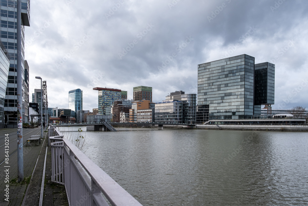 View of Dusseldorf-Hafen, an urban quarter located on the River Rhine and the location of the city's docks, Dusseldorf, North Rhine Westphalia, Germany, Europe