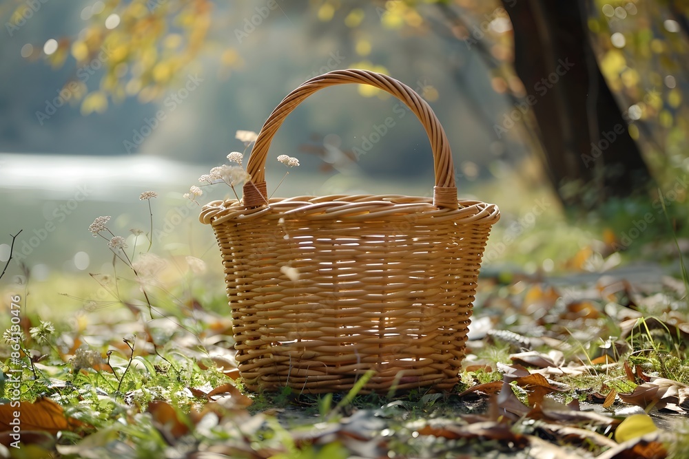 Wicker Basket in a Serene Autumn Forest Setting Wicker Basket in a Serene Autumn Forest Setting