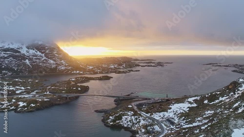 Aerial view of Lofoten Islands beautiful landscape during winter