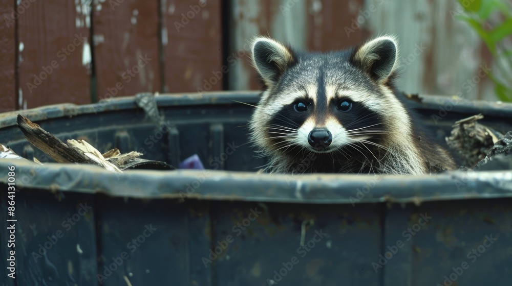 Curious raccoon investigating trash can in backyard