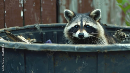 Obraz na płótnie Curious raccoon investigating trash can in backyard w salonie