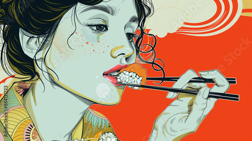 An illustrated portrait of a woman eating sushi with chopsticks amid vibrant colors and an abstract background, artistic and lively.