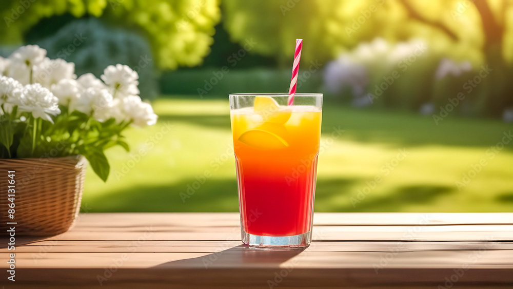 A glass with a colored cocktail stands on a wooden table against the backdrop of a blooming garden. Banner with copy space A glass with a colored cocktail stands on a wooden table against the backdrop of a blooming garden. Banner with copy space