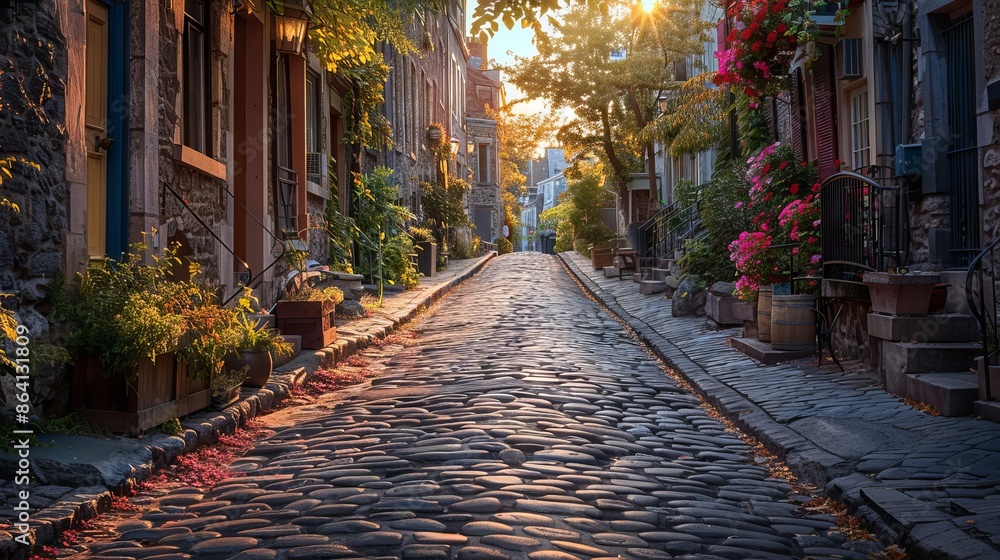 Charming cobblestone street in a quaint neighborhood at sunrise Charming cobblestone street in a quaint neighborhood at sunrise