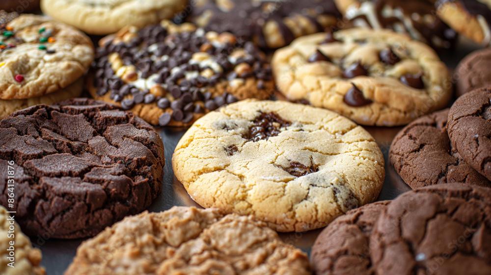 An assortment of freshly baked cookies, such as chocolate chip, oatmeal, and sugar, are picturesque laid out on a baking tray, inviting and delicious. An assortment of freshly baked cookies, such as chocolate chip, oatmeal, and sugar, are picturesque laid out on a baking tray, inviting and delicious.