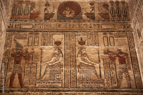 Reliefs of the Goddess Hathor in center, with Pharaohs to left and right, Sanctuary, Temple of Hathor, Dendera, Qena, Egypt, North Afica, Africa photo