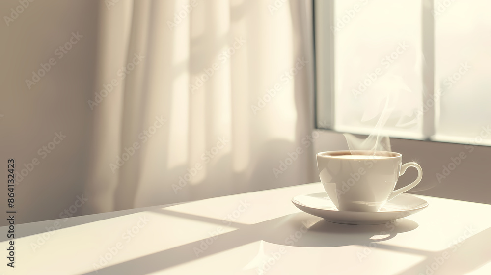 A cup of steaming coffee is placed on the table A cup of steaming coffee is placed on the table