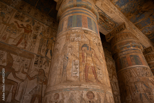 Column Reliefs, West Portico, Second Courtyard, Medinet Habu, Mortuary Temple of Ramesses III, 1187-56 BCE, Ancient Thebes, UNESCO World Heritage Site, Luxor, Egypt, North Africa, Africa