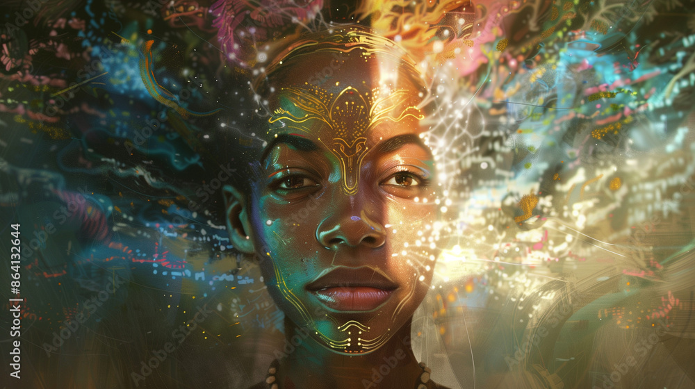 Radiant woman with cosmic, enlightening light on her face. Radiant woman with cosmic, enlightening light on her face.