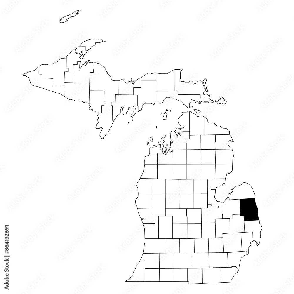 Map of sanilac County in Michigan state on white background. single County map highlighted by black colour on Michigan map. UNITED STATES, US Map of sanilac County in Michigan state on white background. single County map highlighted by black colour on Michigan map. UNITED STATES, US