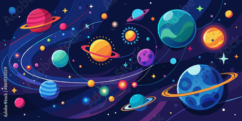background with space, Mysterious deep space scene with colourful swirling planets.Cartoon illustration Of Space. Space flat background with planets and stars. Galaxy illustration for kids