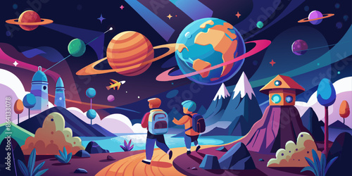 background with space, Mysterious deep space scene with colourful swirling planets.Cartoon illustration Of Space. Space flat background with planets and stars. Galaxy illustration for kids