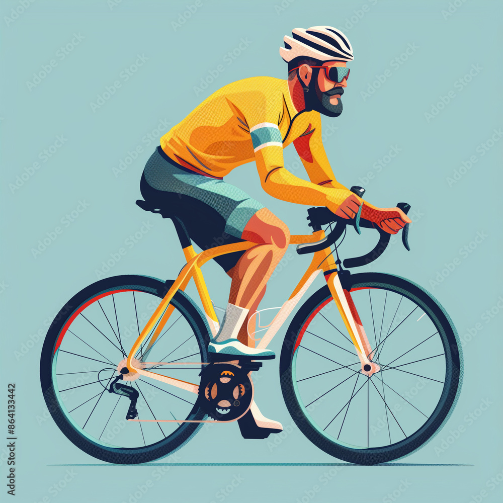 A man in a yellow shirt and shorts is riding a bicycle. The man is wearing sunglasses and a helmet A man in a yellow shirt and shorts is riding a bicycle. The man is wearing sunglasses and a helmet