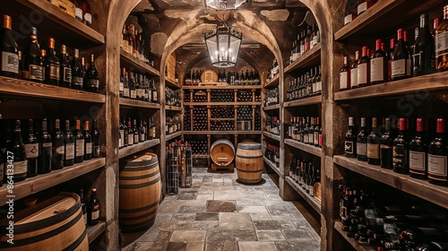 Rustic Wine Cellar Filled with Assorted Bottles and Wooden Barrels