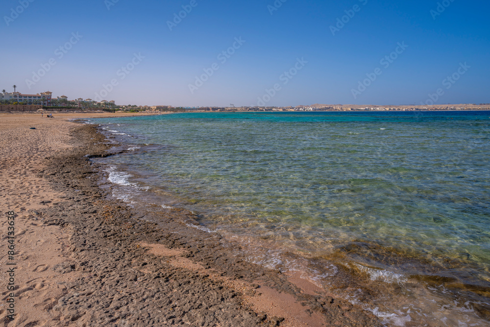 View of beach and Sahl Hasheesh visible in background, Sahl Hasheesh, Hurghada, Red Sea Governorate, Egypt, North Africa, Africa View of beach and Sahl Hasheesh visible in background, Sahl Hasheesh, Hurghada, Red Sea Governorate, Egypt, North Africa, Africa