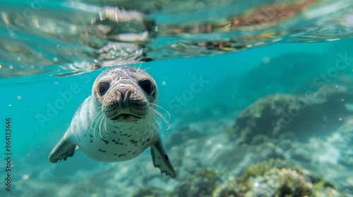 Adorable Seal Pup Staring into Camera While Floating on Clear Blue Ocean Surface, Capturing the Essence of Marine Wildlife in Serene Waters