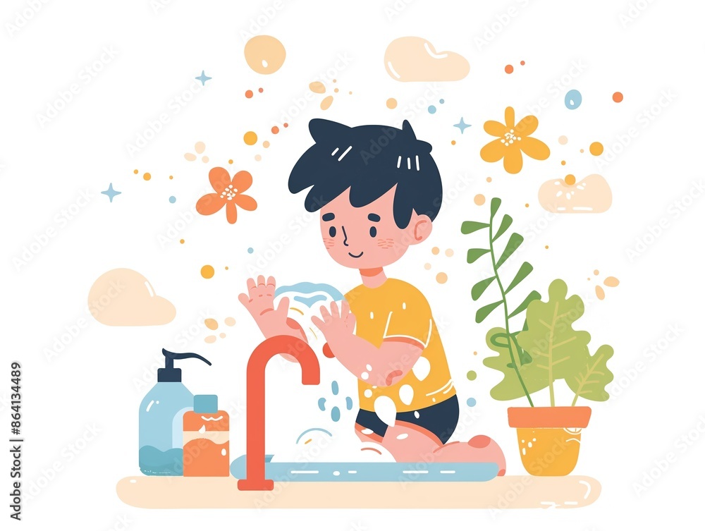 Child washes his hands illustration art, AI generated Child washes his hands illustration art, AI generated
