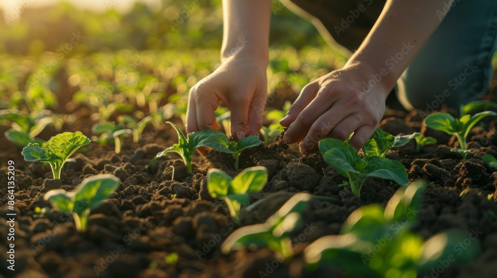 Hands planting seedlings in a garden with rich soil and sunlight Hands planting seedlings in a garden with rich soil and sunlight