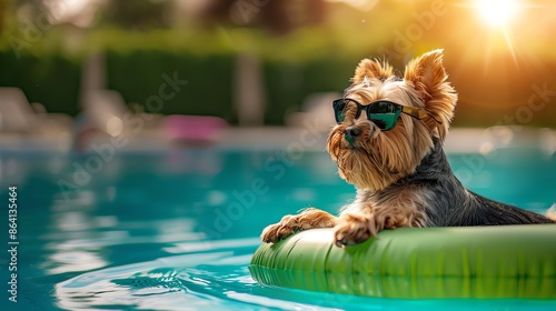 Cool dog wearing sunglasses floating on a pool float