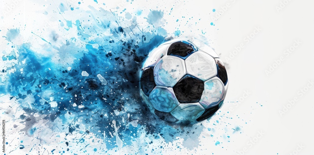 Naklejka premium Dynamic Soccer Ball in Blue Watercolor Splash - A Vibrant Artistic Expression Generative ai