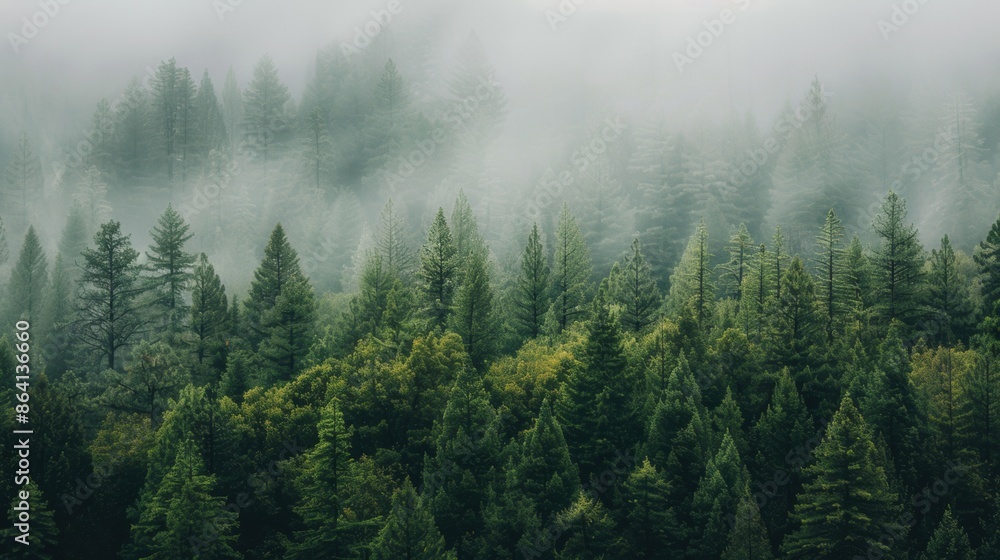 Fototapeta premium Lush evergreen forest cloaked in morning mist