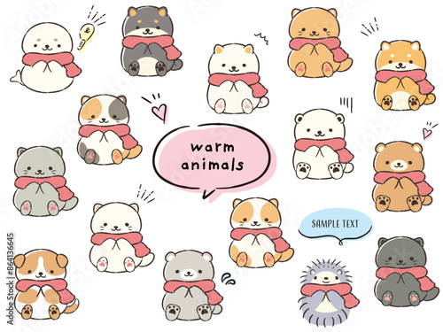 マフラーを巻いた手描きの動物セット(ふきだし・記号付き)